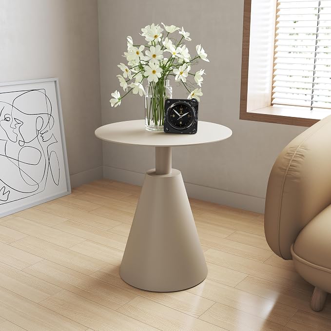 Accent Round Side Table Weather-Resistant Aluminum Structure, End Table for Living Room, Bedroom, Indoor & Outdoor Balcony Table (Color: Camel)