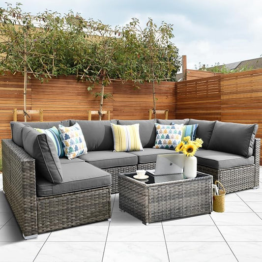 HOOOWOOO Patio Outdoor Sectional Furniture Sofa Set,7 Piece U Shaped Corner Wicker Rattan Couch Set,Rustic 6 Persons Summer Patio Conversation Set for Outside Porch Deck Garden(Charcoal Gray)