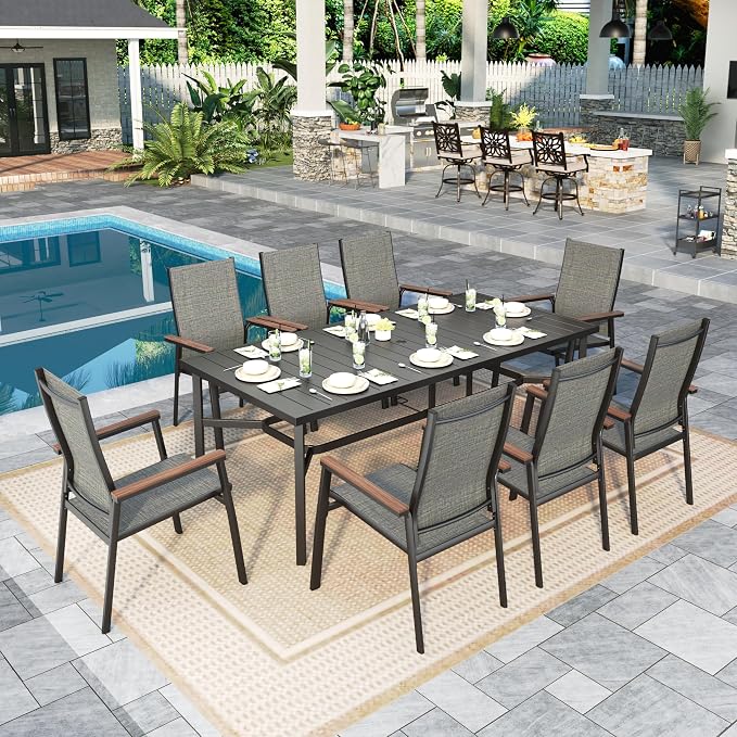 Sophia & William Patio Dining Set for 8, Metal Table & Aluminum Chairs | Rectangle table, Grey Stackable Chairs, Breathable & quick-drying, Light-weight & space-saving, Umbrella Hole, Outdoor