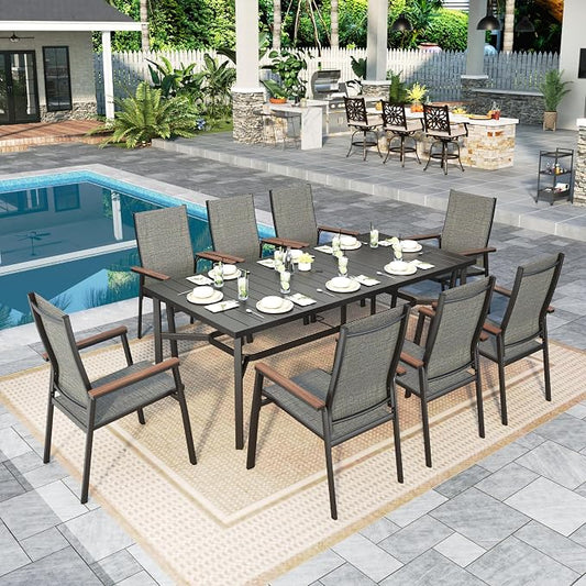 Sophia & William Patio Dining Set for 8, Metal Table & Aluminum Chairs | Rectangle table, Grey Stackable Chairs, Breathable & quick-drying, Light-weight & space-saving, Umbrella Hole, Outdoor