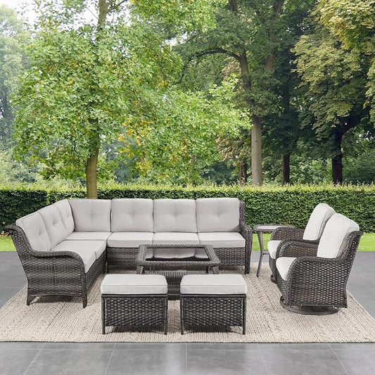 Belord 8 Piece Wicker Patio Furniture Set, Outdoor Swivel Rocker Chairs Set of 2 with Ottomans and Sectional Couch, All Weather Patio Conversation Furniture Set, for Pool,Yard Gray Wicker/Beige