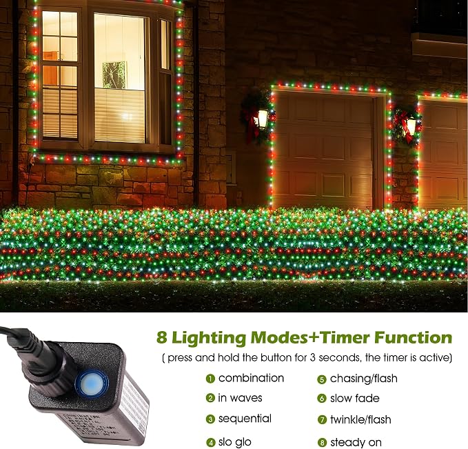 BlcTec Outdoor Christmas Lights 200 LED 8.4ft x 5.2ft Christmas Net Lights with 8 Modes, UL Certified, Timer, Connectable, Waterproof for Trees, Bushes, Yard Outdoor Decorations, Red White Green