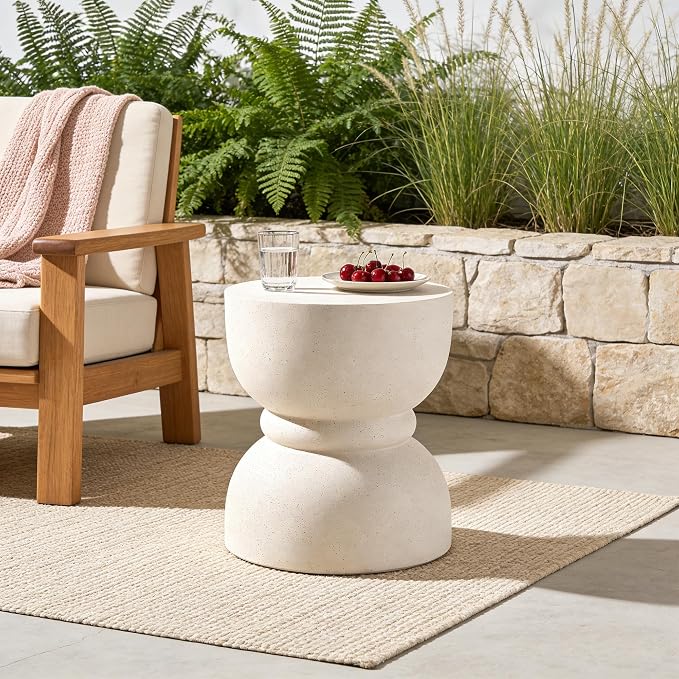 Outdoor Concrete Rounded Waist Outdoor Side End Tables, Decorative Garden Stools for Indoor Imitation Natural Stone Texture Patio Accent Side Table