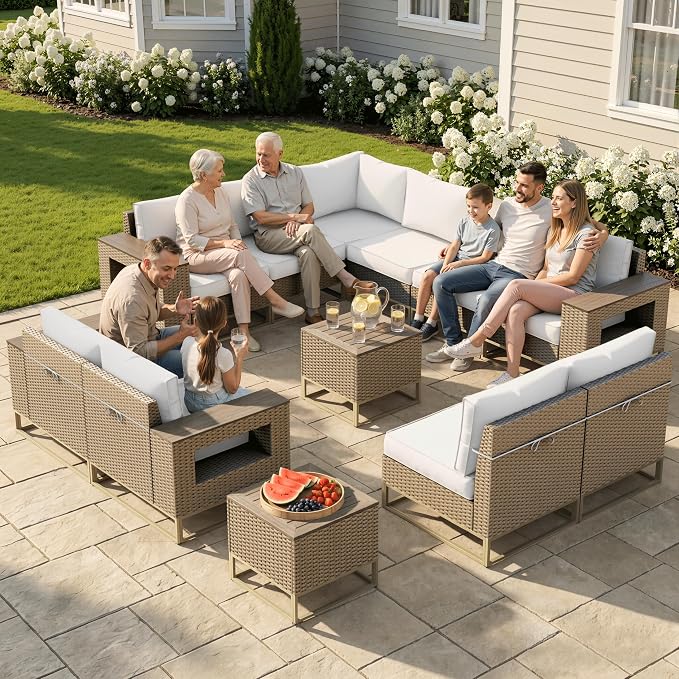 Outdoor Patio Furniture Set 12-Piece PE Rattan Wicker Outdoor Sectional Sofa with Thickened Cushions and Chunky Arms, Modern Modular L-Shaped Conversation Set for Garden, Backyard, White