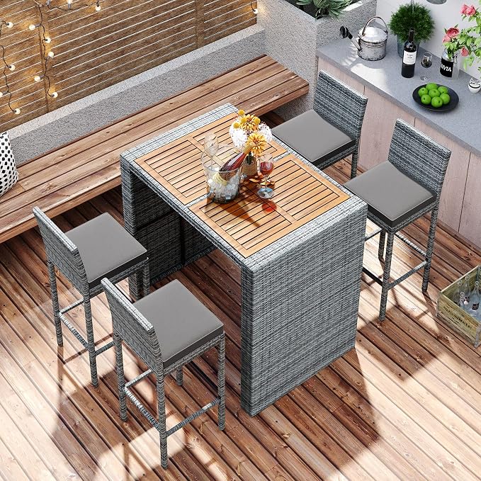WILLIAMSPACE Patio Bar Table Set of 5, Outdoor Wicker Height Bar Table & 4 Chairs with Cushions & Wood Tabletop, Bistro Set for Backyards Porches (Brown+Grey)