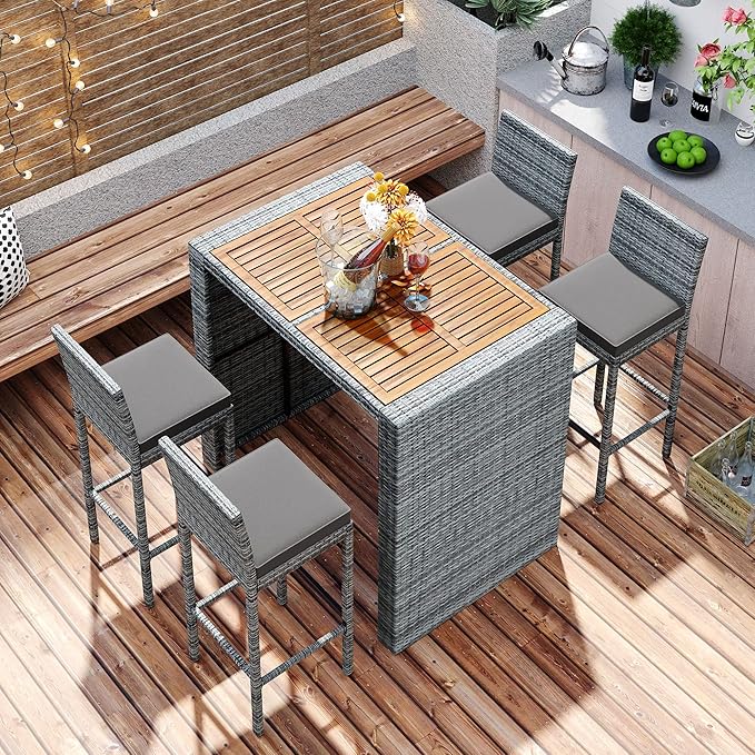 5 piece Patio Wicker Bar Set for 4, Outdoor Bar Height Table & 4 Rattan Cushioned Stool Chairs with Non-Slip Feet and Fixed Rope, Acacia Wood Table Top, Space Saving Design, Gray