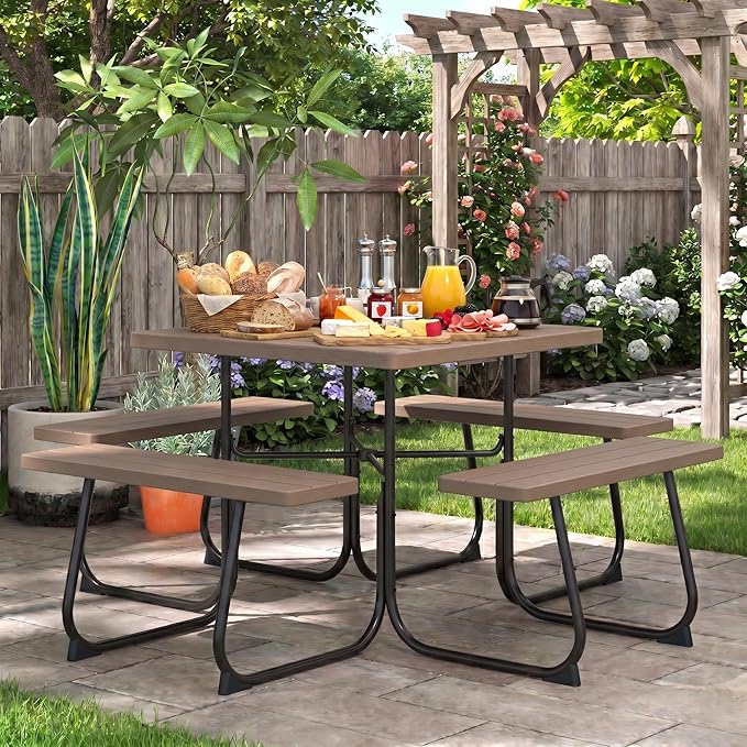 POWERSTONE Picnic Tables with Benches for 8, Outdoor HDPE Picnic Table with Umbrella Hole, Heavy Duty 35" Portable Dining Set Camping Table for Backyard, Patio, Park(Coffee)
