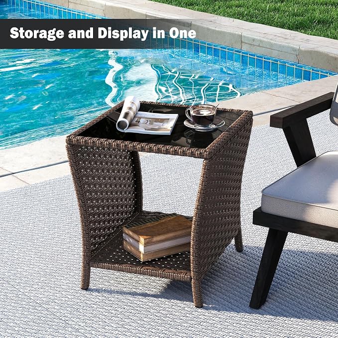 Kinsuite PE Rattan Patio Side Table - Outdoor Wicker End Table with Black Glass Top, Rattan Coffe Table in Iron Frame for Backyard Balcony Poolside, Dark Brown