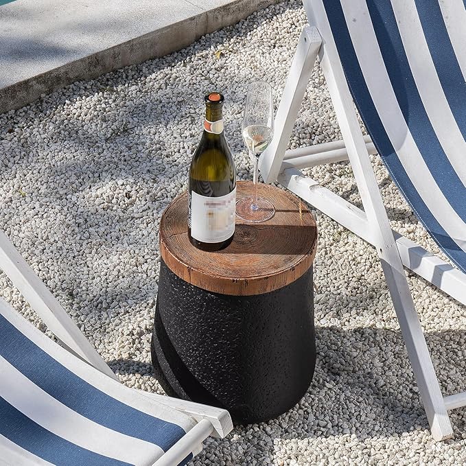 COSIEST Outdoor Side Table Set of 2, 2 Pieces End Table, Cylinder Shaped Patio Side Table, Black Outdoor Concrete Accent Table Stool with Faux-Wood Tree Trunk Slice Top for Outside, Indoor, Garden