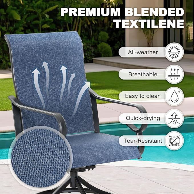 NUU GARDEN 7-Piece Outdoor Dining Set, Outdoor Table and Chair Set with Umbrella Hole, Padded Textilene Dining Table Set, All Weather Outdoor Table and Chairs for 6, Swivel Design, Blue