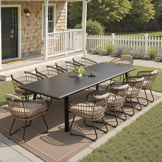 Pellebant 11-piece Outdoor Dining Set for 10 Person - Weather-Resistant Patio Dining Furniture, 116" Aluminum Outdoor Table with Umbrella Hole, Wicker Chair with Cushion for Deck, Porch, Backyard