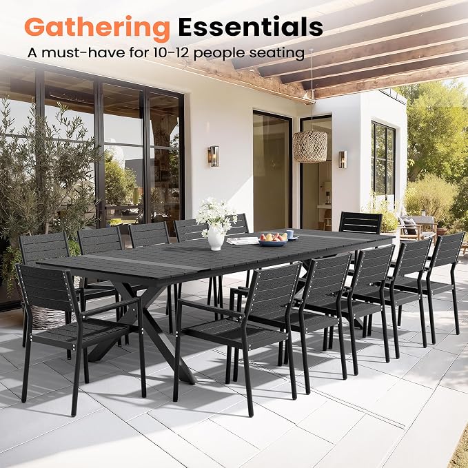 Pellebant 118" Outdoor Dining Table for 8-12, 10ft Aluminum Patio Table with Umbrella Hole, Weather Resistant Black Wood Grain Tabletop and Sturdy Frame for Deck, Porch, Backyard