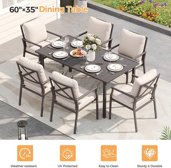 HAPPATIO Patio Dining Set, Metal Outdoor Table and Chairs Set for 6, Powder-Coated Metal Chairs with Thickened Cushions, 60" Rectangular Table with 1.5" Umbrella Hole for Deck Backyard Lawn