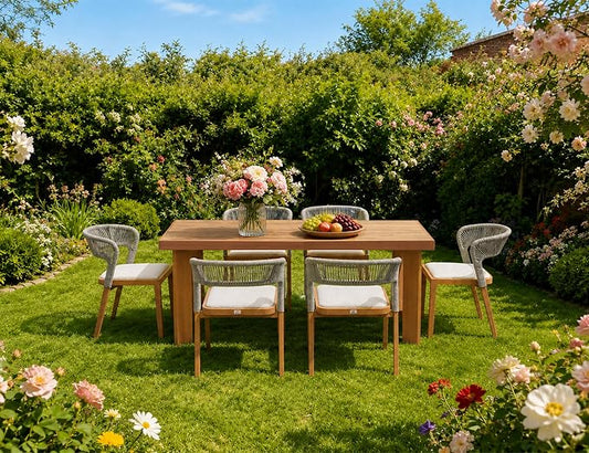 PURPLE LEAF Patio Dining Set for 6 Furniture Set Aluminum Rattan Wicker Patio Table and Chairs Set for Lawn Backyard Deep Teak