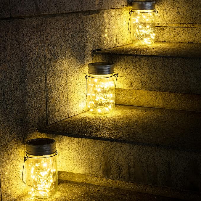 GIGALUMI Hanging Mason Jar Solar Lights, 6 Pack 30 Led Hanging Lantern | Solar Lanterns Outdoor Waterproof, Hangers and Jars Included, Outdoor Decor for Balcony, Garden, Patio, Yard, Wedding