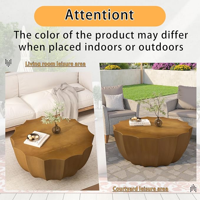 35.43" Round Outdoor Coffee Table, Durable MgO Cement Design – Waterproof for Patio, Garden & Living Room, Stylish & Low-Maintenance (Natural-12-35.43")