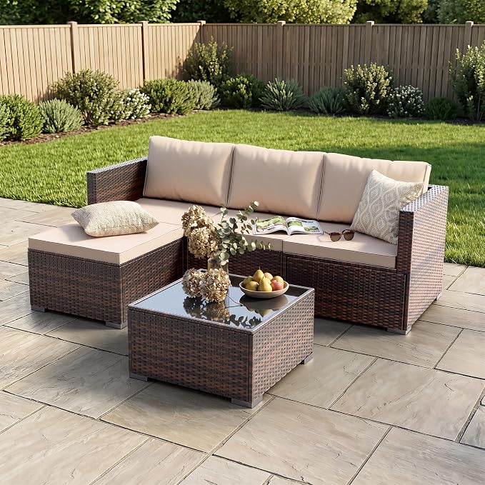 Patio Furniture Set - All-Weather -5 Piece Outdoor Patio Conversation Couch Sets, Modular Wicker Rattan Sectional Sofa for Garden, Patio, Poolside, Backyard, Balcony, Porch,Khaki
