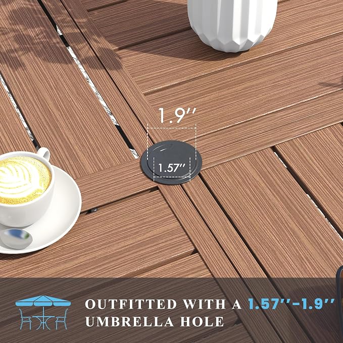 VICLLAX 40.6" Round Patio Table with Umbrella Hole, All Weather Metal Outdoor Dining Table for 4, Outside Table with Storage Shelf for Lawn Garden, Walnut Wood-Grain Finish