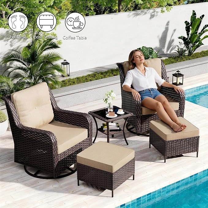 7-Piece Patio Furniture Set,Outdoor Conversation Sets w/Glass Table&High Back Wicker Swivel Rocker Chairs,All-Weather Wicker Sectional Sofa for Deck,Yard and Poolside,Sand