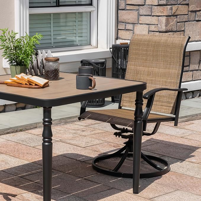 NUU GARDEN 5-Piece Outdoor Dining Set for 4, Metal Square Table with Umbrella Hole and Wood-Grain Top with 4 Patio Swivel Rocking Textilene Chairs for Porch Backyard Garden Poolside Black Brown