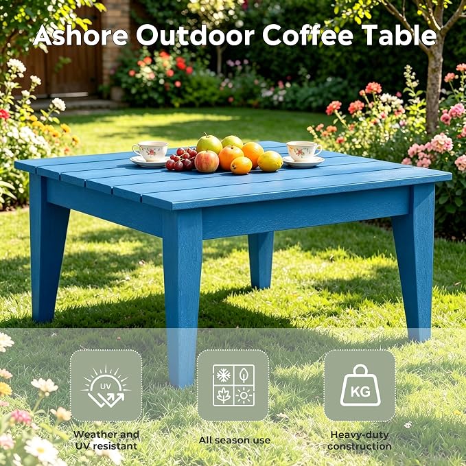 WestinTrends Ashore Outdoor Coffee Table, 32 Inch All Weather Poly Lumber Adirondack Patio Coffee Table Square Low Table, Pacific Blue