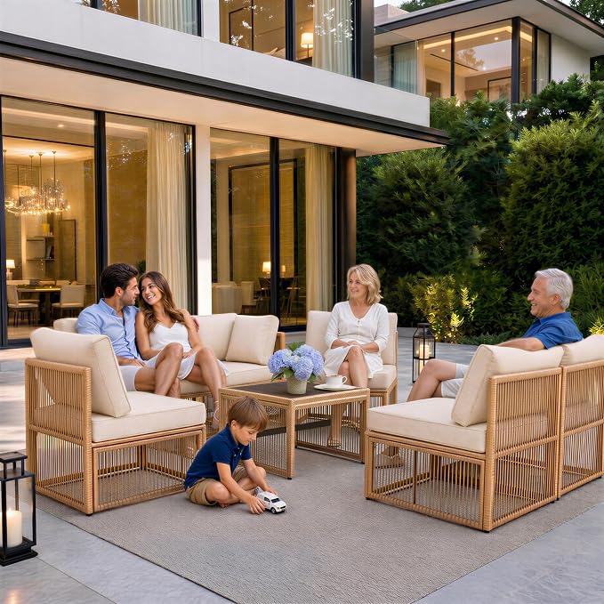 7 Piece Outdoor Patio Furniture Set, Wicker Sectional Sofa,Thick Cushions, All Weather Rattan Conversation Sets with Arm Chairs and Coffee Table for Backyard, Porch, Balcony, Deck, Garden