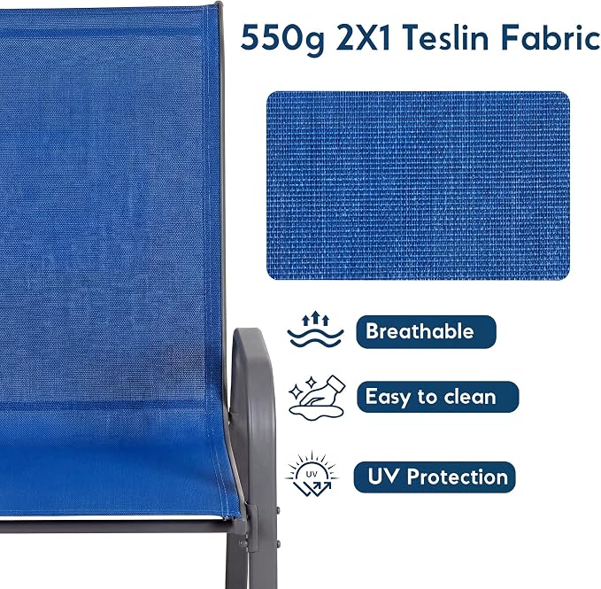 Arlopu 7-Piece Outdoor Table and Chairs for 6, Outdoor Dining Set W/Rectangle Glass Table and Patio Textilene Stackable Chairs, Patio Furniture Set W/Umbrella Hole (Black Table & Navy Blue Chair)