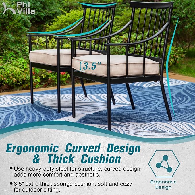 PHI VILLA 5-Piece Patio Dining Set, 37" Square Metal Table, Fixed Chairs | Cushions Chairs, 10ft Umbrella Included, Beige, All-Weather Use