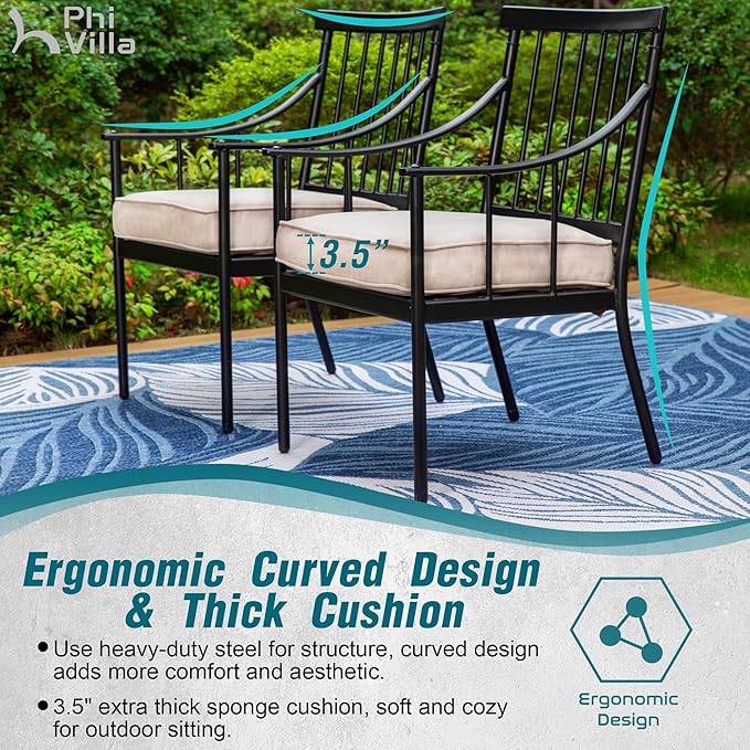 PHI VILLA 7 Piece Patio Dining Set, Rectangular Metal Table | Metal chairs, Fixed Chair, Umbrella Hole, adjustable, Cushions, powder-coated, 300 lb chair capacity