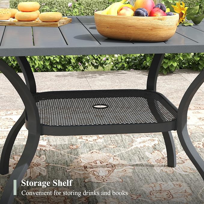 5 Pieces Outdoor Dining Set, Stackable Textilene Paito Chairs & 37.8" Square Dining Table with Umbrella Hole and Shelf, Patio Dining Set for Backyard, Deck, Garden, Grey & Dark Grey
