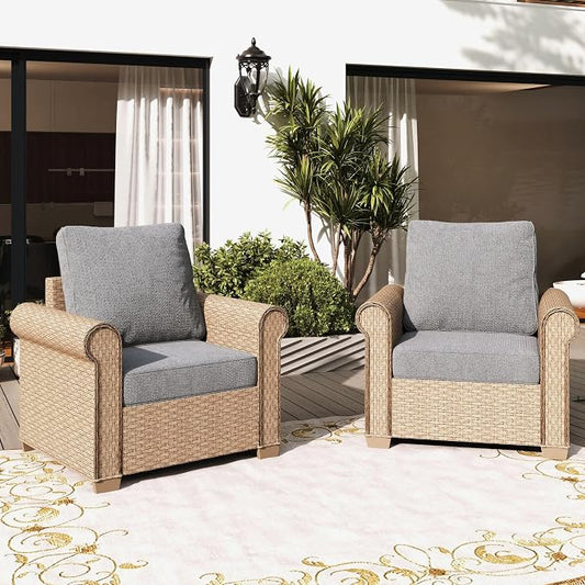 SUNSHINE VALLEY Patio Furniture Set 2 pcs, Wicker Rattan Outdoor Sofa Furniture with 5.5” Thick Cushions, 2 Chairs Outdoor Conversation Set for Garden Backyard Deck, Grey