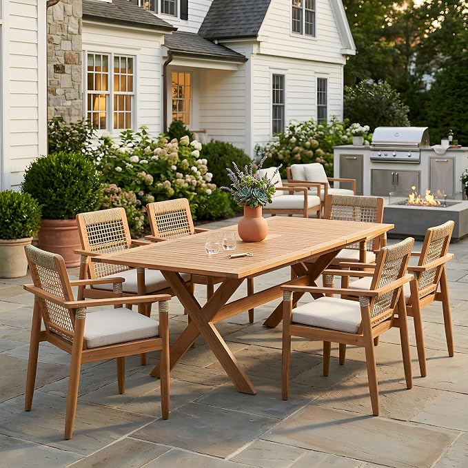 Christopher Knight Home Doca 7 Piece Acacia Wood Outdoor Dining Table Set for 6, Extendable Dining Table and 6 Patio Chairs with Cushion & Rope Accent, Wooden Outdoor Patio Furniture Set, Teak+Beige