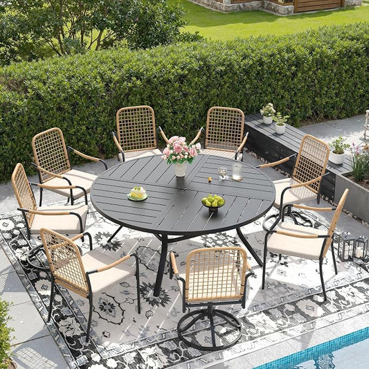 DIFY 9 Pieces Outdoor Dining Set for 8, 59.8" Black Round Metal Table with 4 Stackable Wicker Patio Chairs & 4 Swivel Chairs, Patio Furniture Set with Cushions and Umbrella Hole, Wheat Rattan