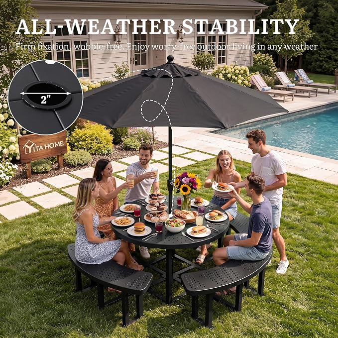 YITAHOME 38" Round Metal Picnic Table with Umbrella Hole, Q235 Carbon Steel Heavy Duty Outdoor Table, Black Industrial Patio Set for Backyard, Park, and Lawn