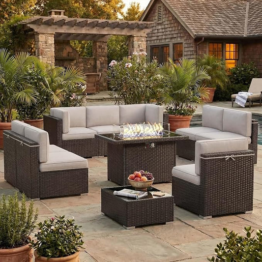 10 Pieces Patio Furniture Set with 44" Propane Gas Fire Pit Table, Outdoor Sectional Brown Rattan Wicker Conversation Sofa Sets with Coffee Table