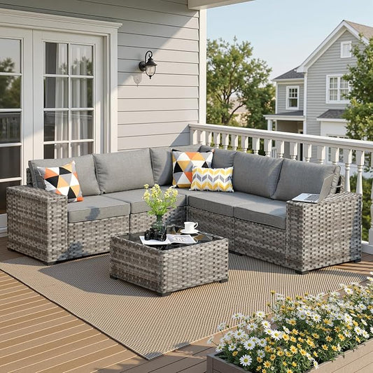 6 Pieces Patio Furniture Set, Outdoor Wicker Sectional Sofa with 7.7" Extra Wide Armrests, Modern Rattan Modular Conversation Set with Thickened Deep Seat Cushions for Garden, Backyard, Dark Gray