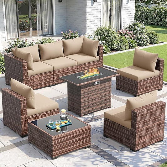 Amopatio 8 Pieces Patio Furniture Set with Fire Pit Table, Outdoor Sectional Conversation Sofa, All-Weather Wicker for Garden, Backyard, Porch, Balcony(Khaki)