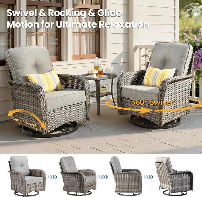 7 Piece Wicker Patio Furniture Set with Swivel Chairs, Dark Gray | High Back Swivel Rocker Chairs, Outdoor Loveseat Sofa, Coffee Table, Rattan Conversation Set, Porch Deck Backyard Poolside