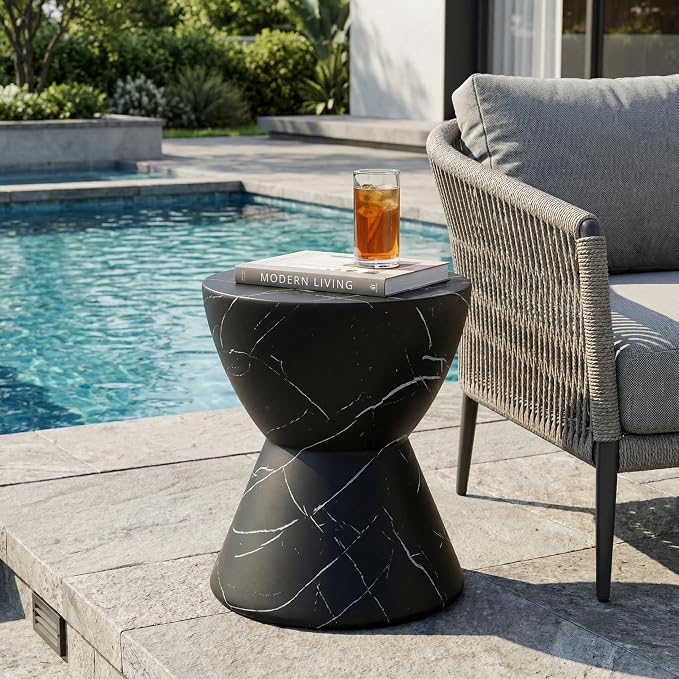 Outdoor Side Table, Black Marble Finish, Hourglass Shape