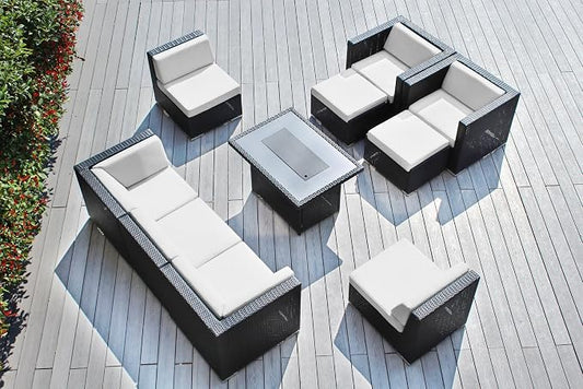 Sunbrella White Fully Assembled 10 Piece Ohana Outdoor Patio Furniture Black Wicker Conversation Set with Club Chair and 42-inch Propane Gas Fire Table