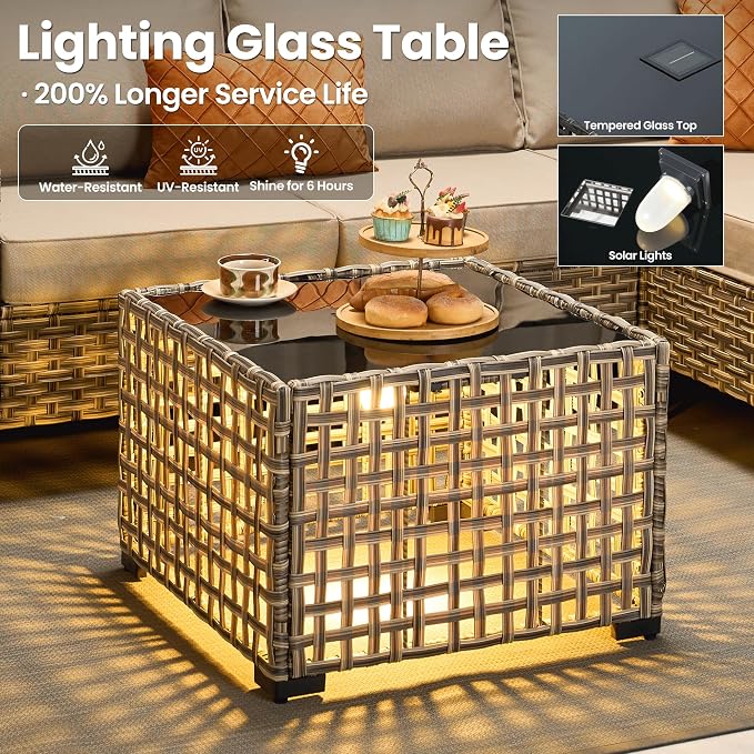 ovios Outdoor Side Table with Tempered Glass Top, Patio Wicker Solar Table, Rattan Bistro End Table for Porch Deck Balcony Garden Poolside, Mixed Brown