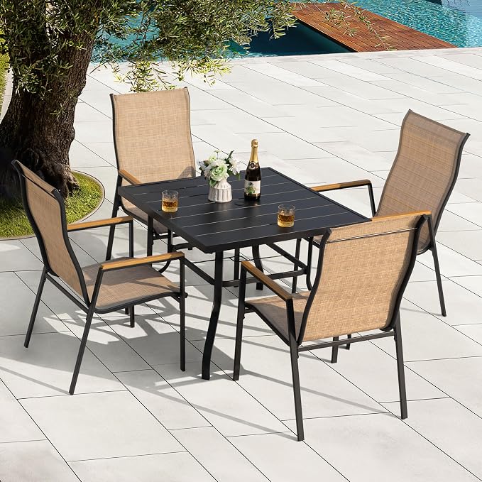 NUU GARDEN 5 Piece Outdoor Patio Dining Set for 4, Slatted Table with Umbrella Hole and 4 Stackable Textilene Chairs with Faux Wood Armrests, Black and Khaki