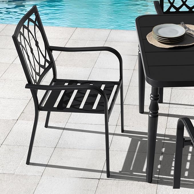 NUU GARDEN 5 Piece Outdoor Dining Set, 4 Slatted Stackable Chairs and 37 Inch Square Metal Table with Umbrella Hole, All-Weather Powder-Coated Iron for Garden, Patio, Backyard, Deck, Black