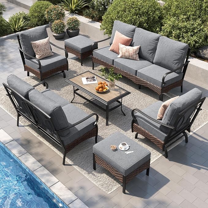 PHI VILLA Patio Furniture Set, Extra Large Wicker & Metal Outdoor Conversation Set Patio Sectional Sofa Set with Rocking Chair & Waterproof Thick Cushions for Porch, Poolside, Deck(7 Pieces, Grey)