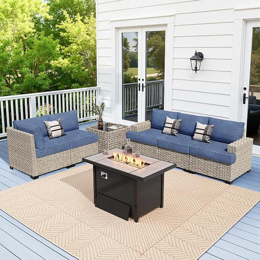 Weaxty 7 Pieces Wide Seats Outdoor Furniture Set, L Shape Sectional Couch Ottoman Fire Pit Solar Table, Thick Cushion All-Weather Rattan Patio Conversation Sets for Backyard Porch Deck, Denim Blue