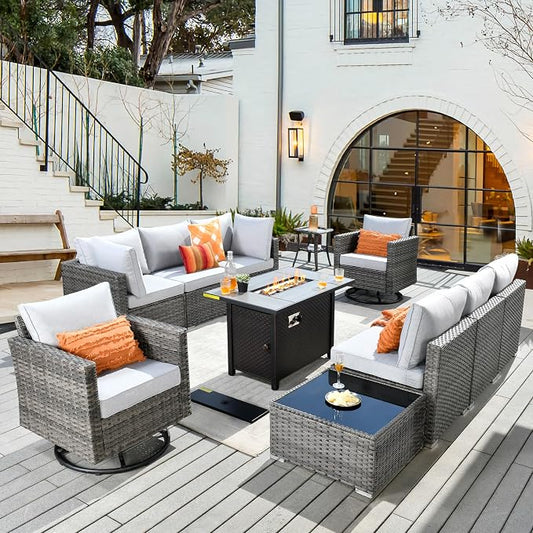 CAODOC 11 Piece Outdoor Patio Furniture Set with 42" Fire Pit Table, Wicker Sectional Conversation Set Whit Swivel Chairs,Modern Outside Sofa for Balcony Backyard(Gray)
