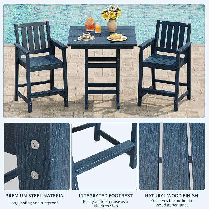 GarveeLife Outdoor Counter Height Bar Dining Table, HDPE Wood Grain Tall Bar Table – 39.6" High Square Pub Table, Cocktail Bistro Table Fits, for Patio, Garden, Poolside, Balcony & Yard (Navy Blue)
