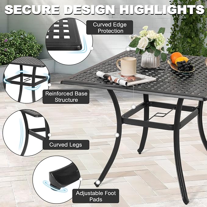 NUU GARDEN 35 Inch Square Cast Aluminum Outdoor Dining Table for 4 with Umbrella Hole and Mesh Top, Patio Table for Garden Backyard Poolside, Black with Gold Speckles