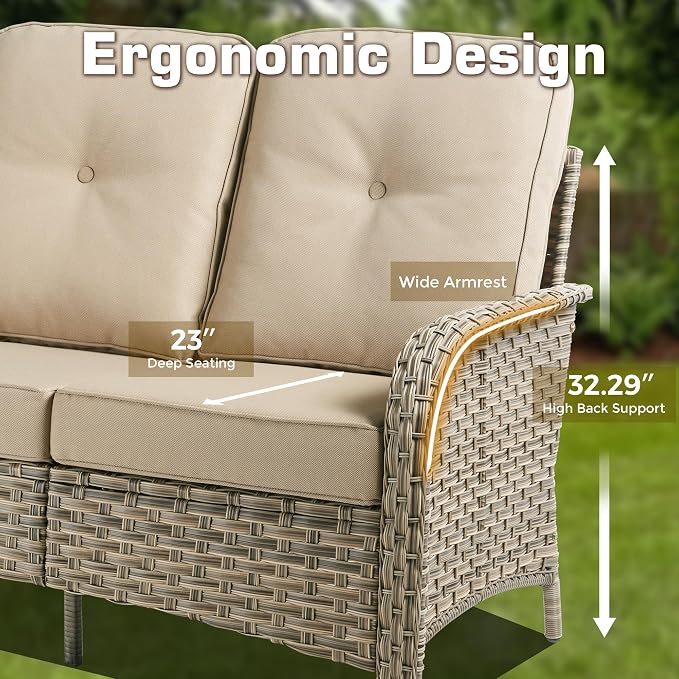 7-Piece Outdoor Patio Furniture Set with Ottomans 3 Seater Couch,All Weather Wicker Rattan Patio Seating Sofa and Chair Set with Ottomans,Outdoor Conversation Sets for Porch Deck Yard,Beige
