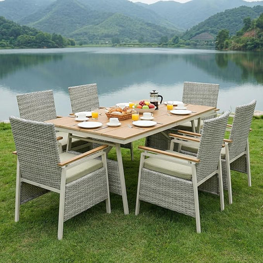 Outdoor Dining Table Set for 6, Rattan Patio Dining Sets with Waterproof Cushions, 7 Piece Patio Table and Chairs Set, Rectangular Dining Table and Patio Chairs for Porch/Deck/Yard, Green